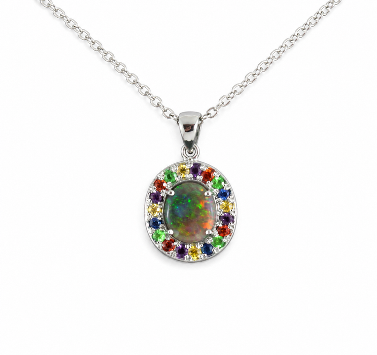 Australian opal fancy sapphires and amethyst halo white gold pendant necklace