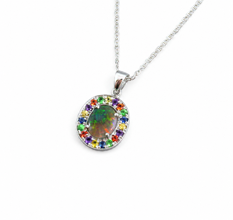 Australian opal fancy sapphires and amethyst halo white gold pendant necklace