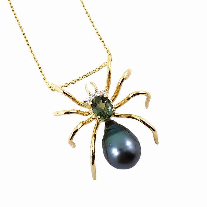 Spider arachnid insect Tahitian pearl Australian parti sapphire 14k yellow gold pendant necklace