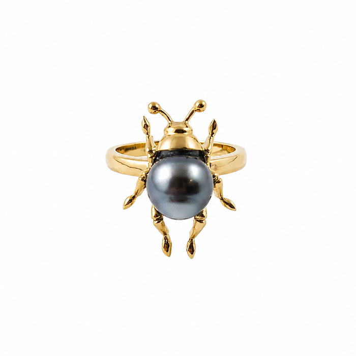 Beetle bug insect Tahitian pearl 14k yellow gold ring