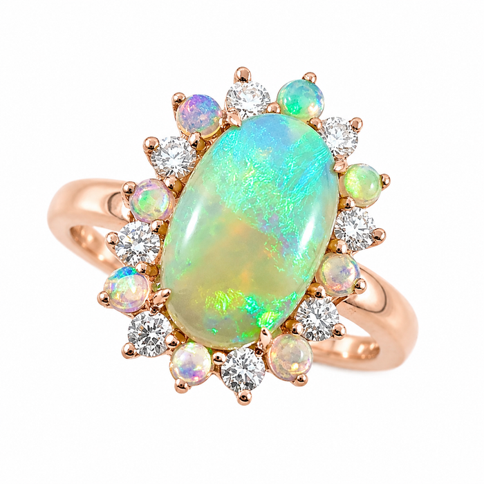 Australian jelly opal diamond halo 14k rose gold ring