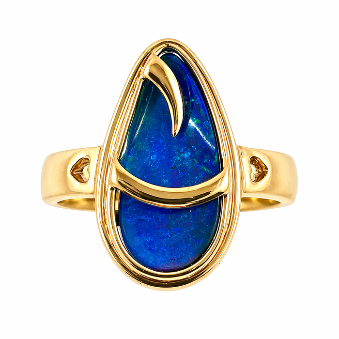 Australian blue Boulder opal organic sprout design solid yellow gold ring Size 11.5 US - Ready to ship or resize