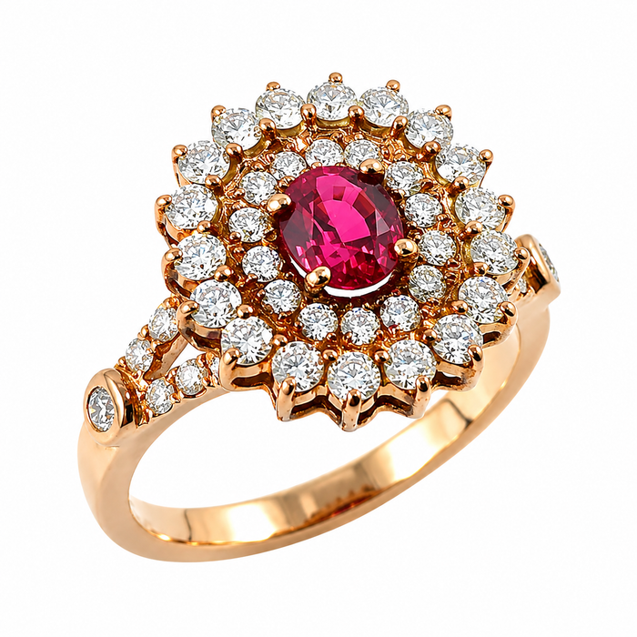 Red spinel oval and diamond rose gold ring