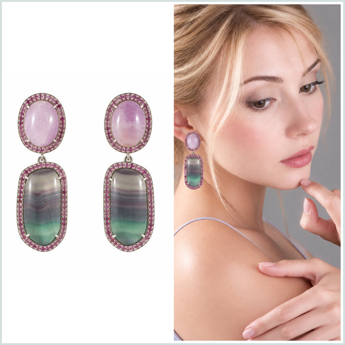 Rainbow fluorite, kunzite, pink sapphire halo silver dangle earrings