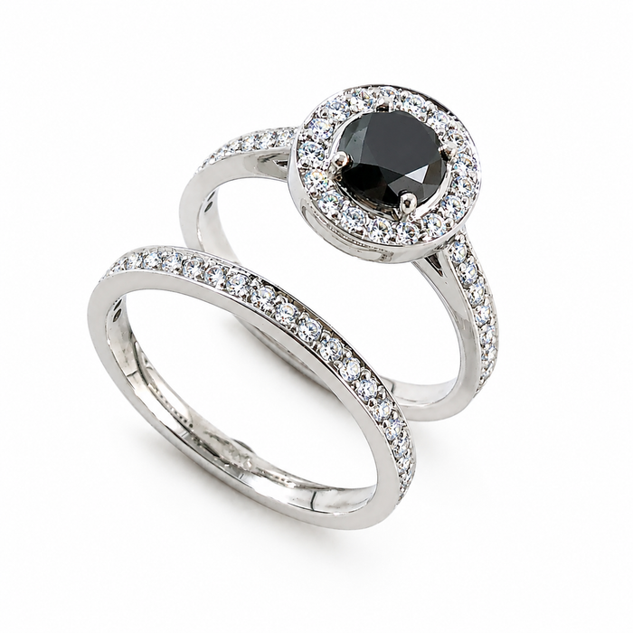 Black diamond round diamond halo 14k white gold wedding ring set