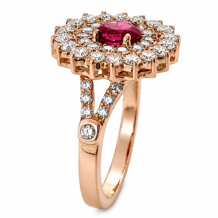 Red spinel oval and diamond rose gold ring