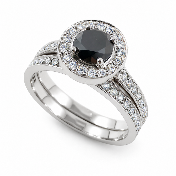 Black diamond round diamond halo 14k white gold wedding ring set