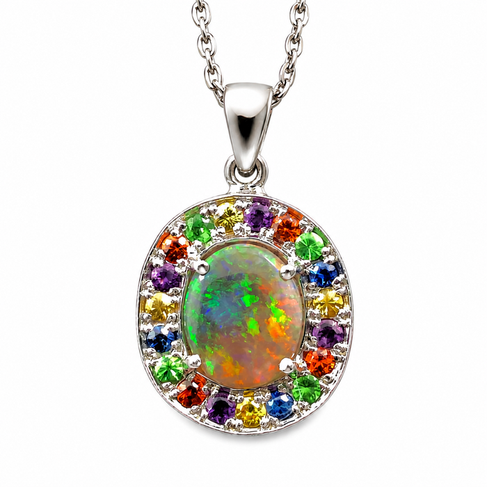 Australian opal fancy sapphires and amethyst halo white gold pendant necklace