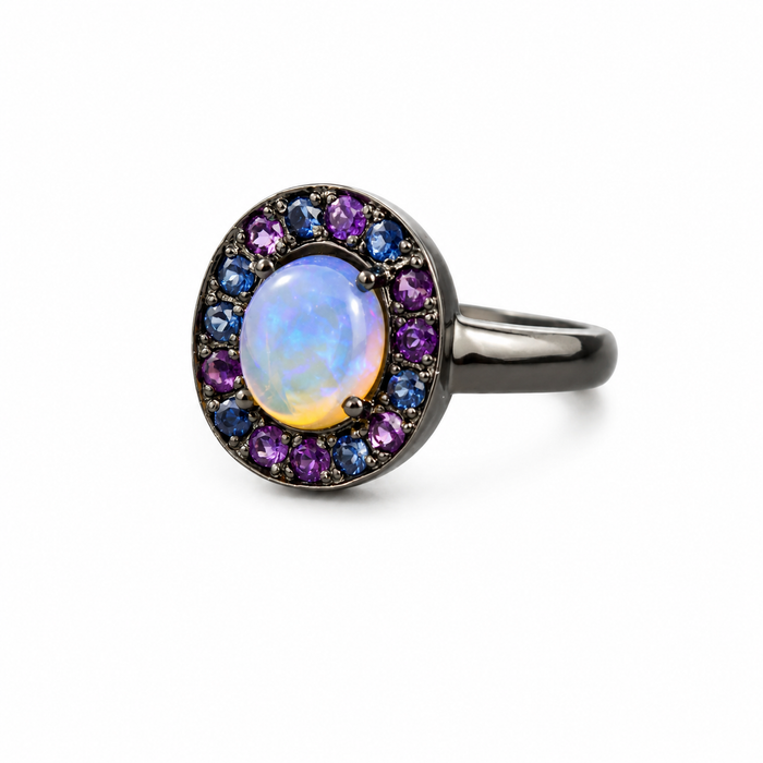 Australian jelly opal with amethyst and blue sapphire halo oxidized black gold ring