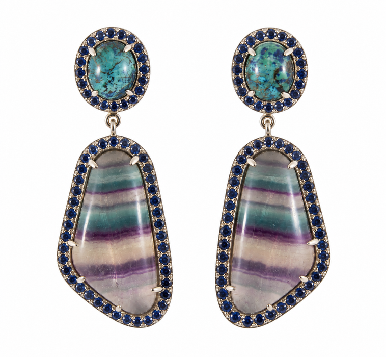 Rainbow fluorite, chrysocolla, blue sapphire halo silver dangle earrings