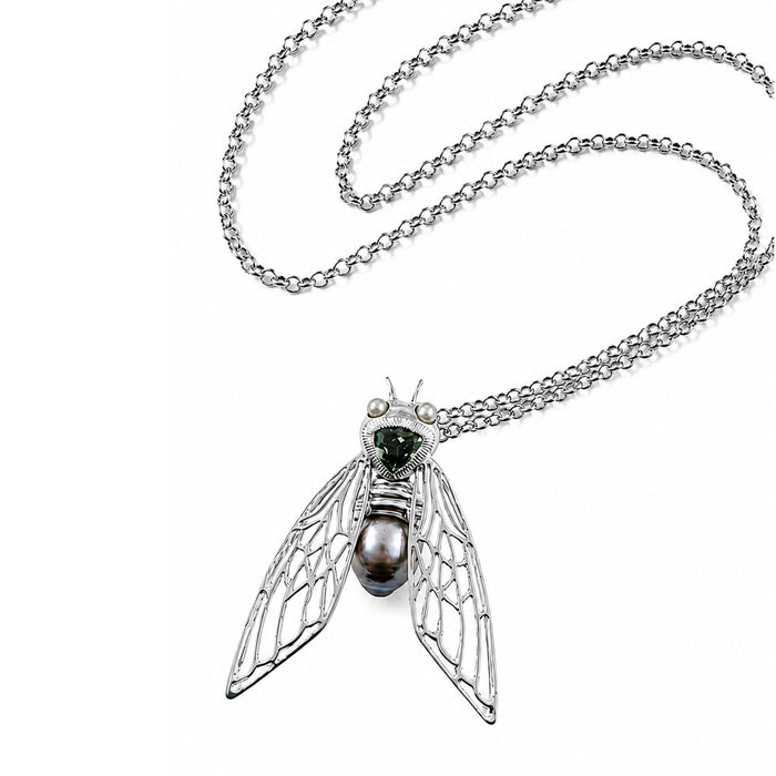 Cicada insect Tahitian pearl Australian green trillion cut sapphire rhodium plated silver pendant necklace
