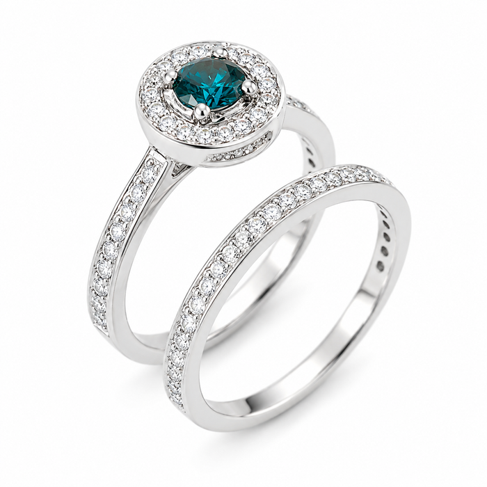 Blue diamond round diamond halo 14k white gold wedding ring set
