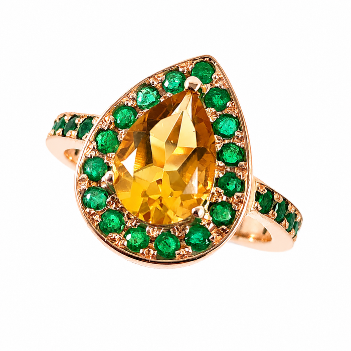 Citrine pear and emerald halo rose gold alternative engagement ring - Customise size, halo gemstones and gold colour