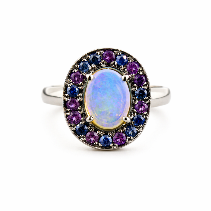 Australian jelly opal amethyst and blue sapphire halo black rhodium plated gold ring