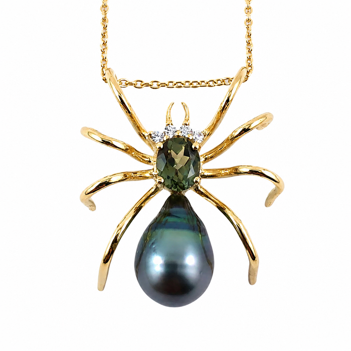 Spider arachnid insect Tahitian pearl Australian parti sapphire 14k yellow gold pendant necklace