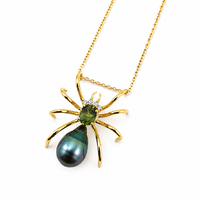 Spider arachnid insect Tahitian pearl Australian parti sapphire 14k yellow gold pendant necklace