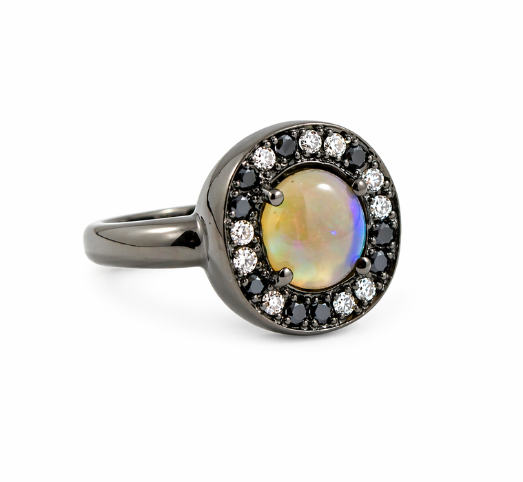 Australian jelly opal diamond black diamond halo black gold ring