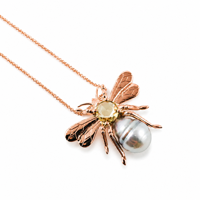 Bee insect Tahitian pearl, yellow rose cut sapphire, 14k rose gold pendant necklace