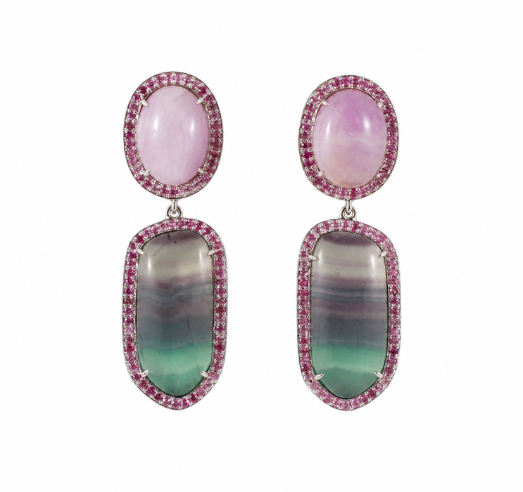 Rainbow fluorite, kunzite, pink sapphire halo silver dangle earrings
