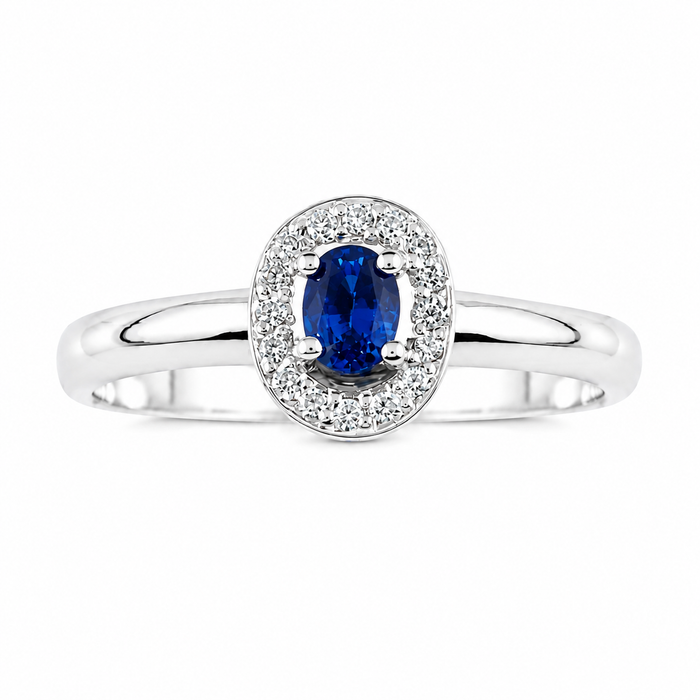 Ceylon sapphire oval and white diamond halo 14k white gold ring
