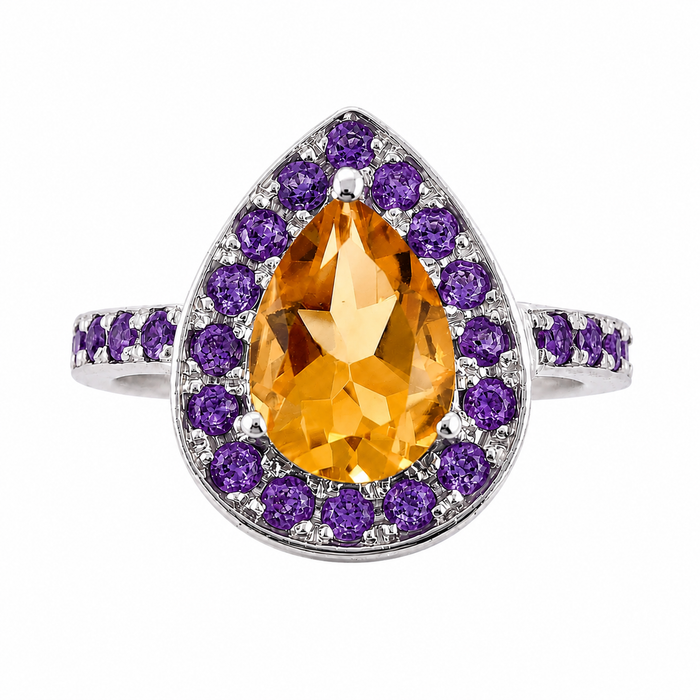 Citrine pear and emerald halo rose gold alternative engagement ring - Customise size, halo gemstones and gold colour