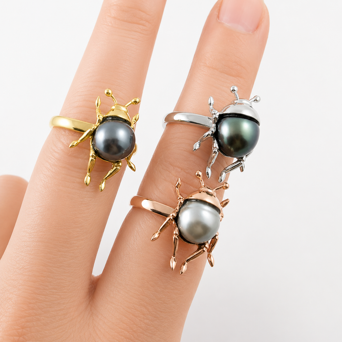 Beetle bug insect Tahitian pearl 14k white gold ring