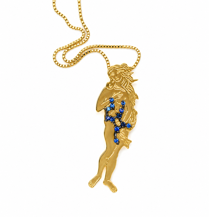 Virgo as Botticelli's Venus solid gold Virgo constellation blue sapphire birthstone pendant