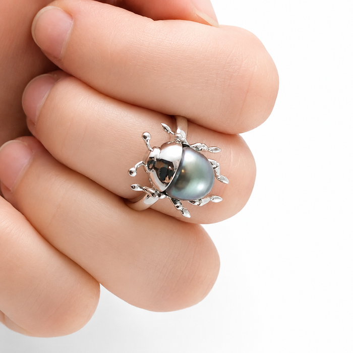 Beetle bug insect Tahitian pearl 14k white gold ring