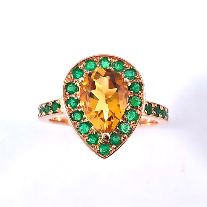 Citrine pear and emerald halo rose gold alternative engagement ring - Customise size, halo gemstones and gold colour