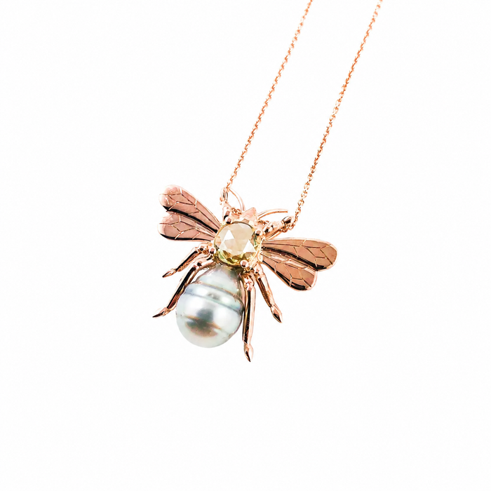 Bee insect Tahitian pearl, yellow rose cut sapphire, 14k rose gold pendant necklace