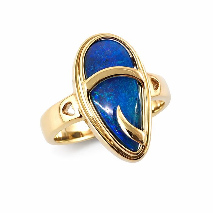 Australian blue Boulder opal organic sprout design solid yellow gold ring Size 11.5 US - Ready to ship or resize