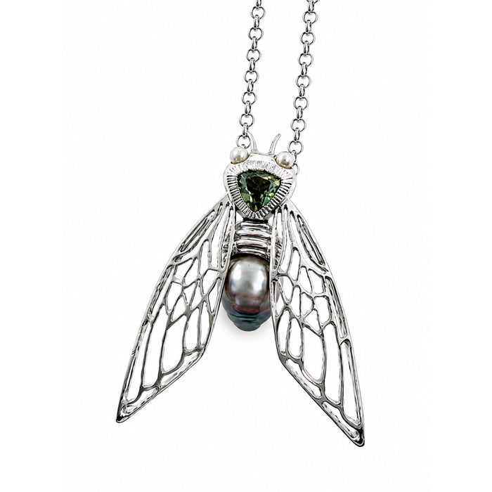 Cicada insect Tahitian pearl Australian green trillion cut sapphire rhodium plated silver pendant necklace