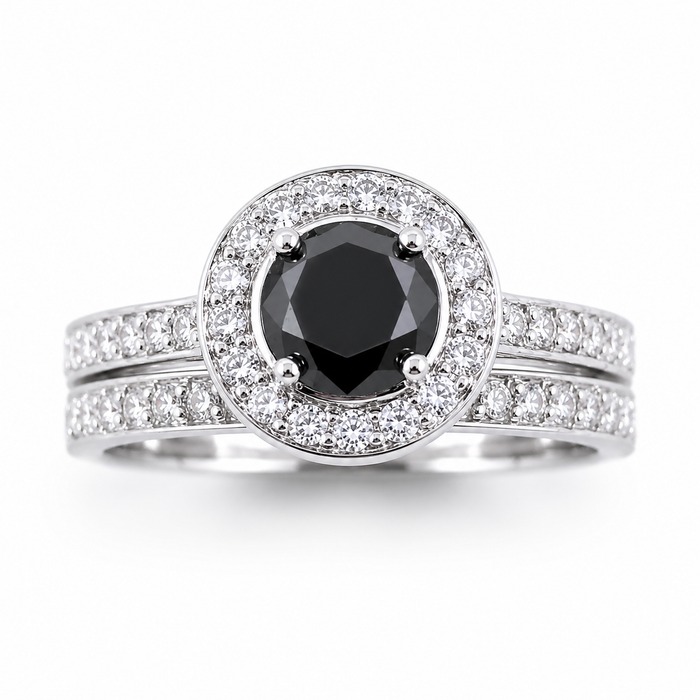 Black diamond round diamond halo 14k white gold wedding ring set