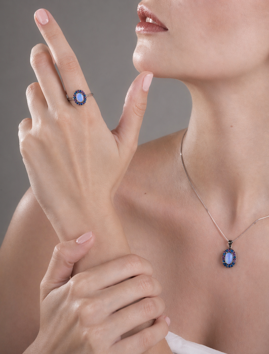 Australian jelly opal amethyst and blue sapphire halo black rhodium plated gold ring