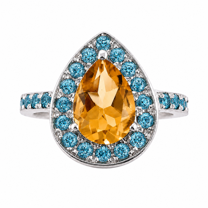 Citrine pear and emerald halo rose gold alternative engagement ring - Customise size, halo gemstones and gold colour