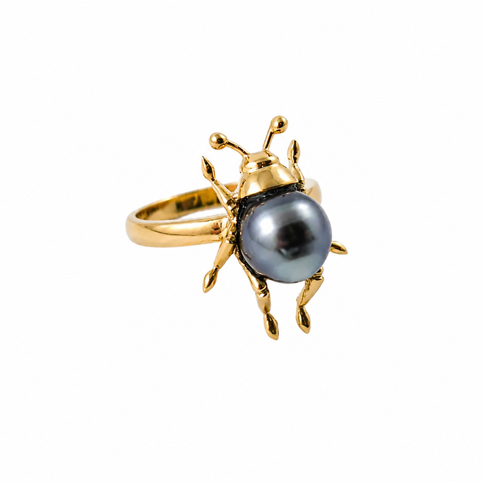 Beetle bug insect Tahitian pearl 14k yellow gold ring