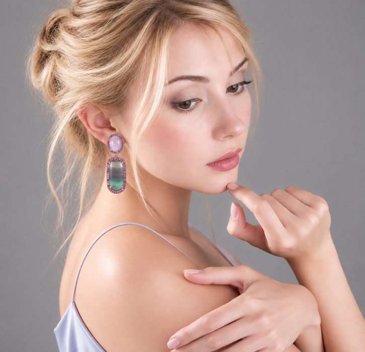 Rainbow fluorite, kunzite, pink sapphire halo silver dangle earrings