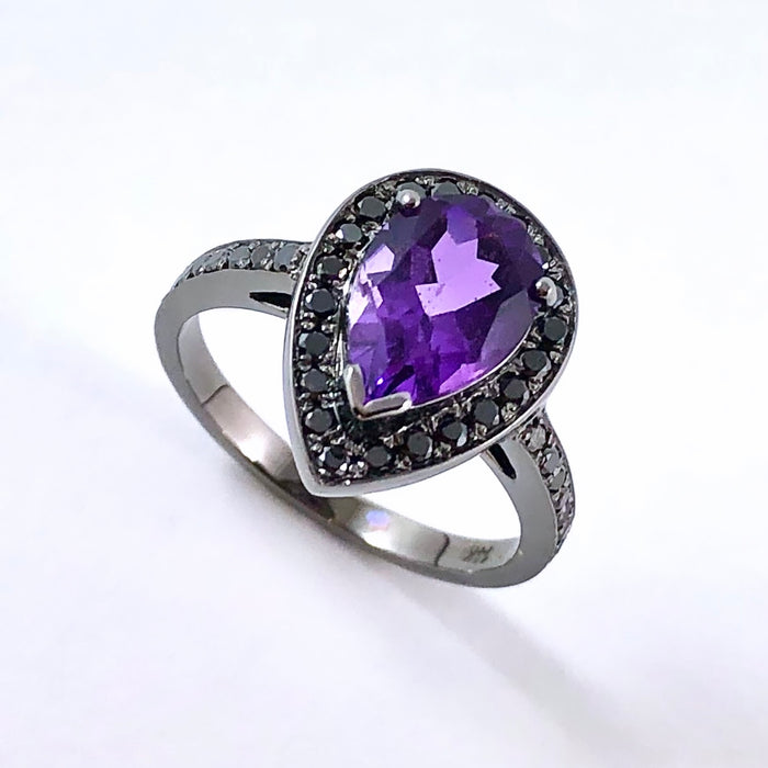 Amethyst pear gemstone halo gold ring - Customise size, halo gemstones and gold colour