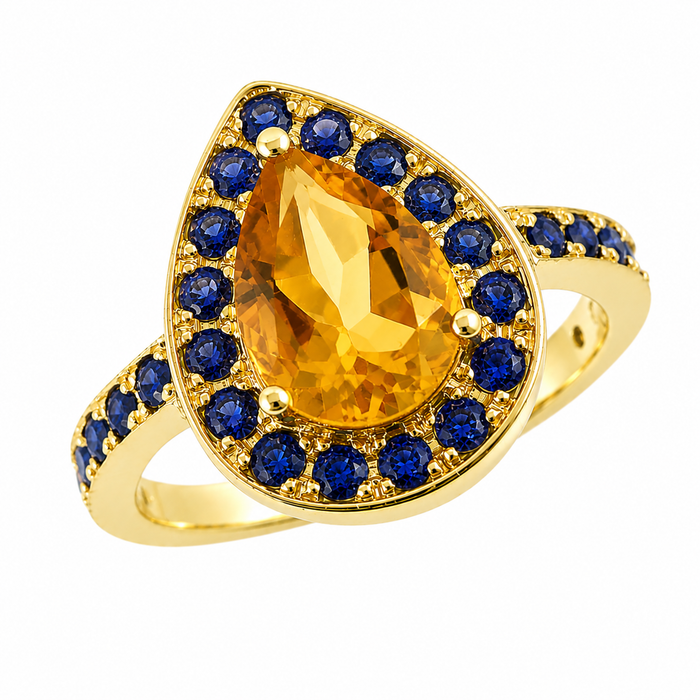 Citrine pear and emerald halo rose gold alternative engagement ring - Customise size, halo gemstones and gold colour