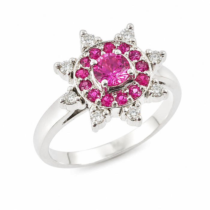 Australian pink sapphire pink ruby diamond 14k white gold flower ring