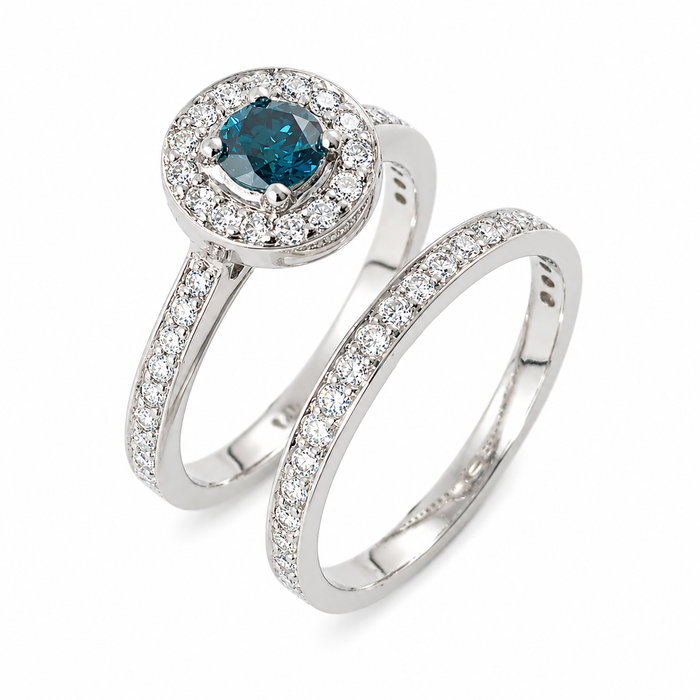 Blue diamond round diamond halo 14k white gold wedding ring set