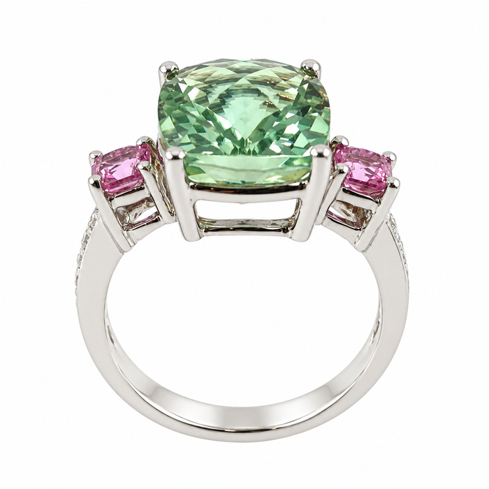 Green amethyst pink sapphire multi stone diamond 14k white gold ring