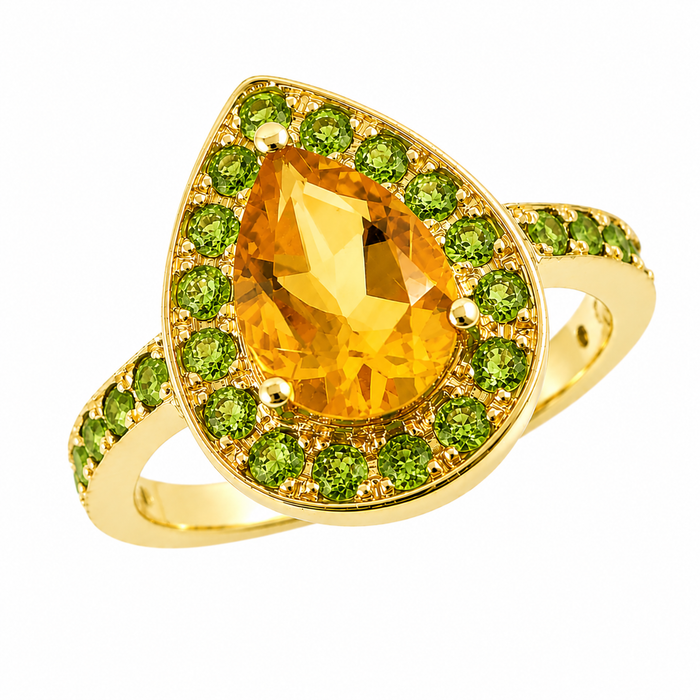 Citrine pear and emerald halo rose gold alternative engagement ring - Customise size, halo gemstones and gold colour
