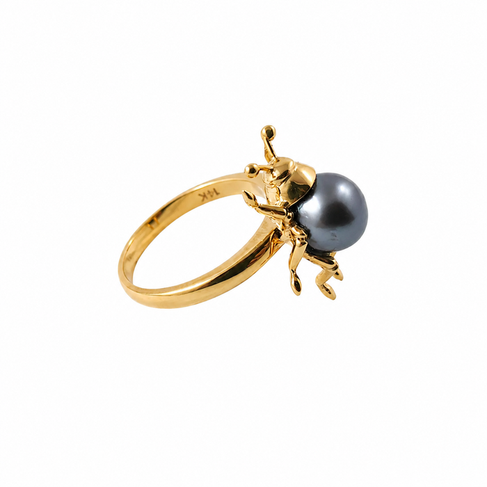 Beetle bug insect Tahitian pearl 14k yellow gold ring
