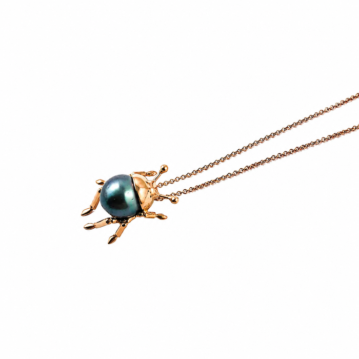 Beetle insect Tahitian pearl, 14k rose gold pendant necklace