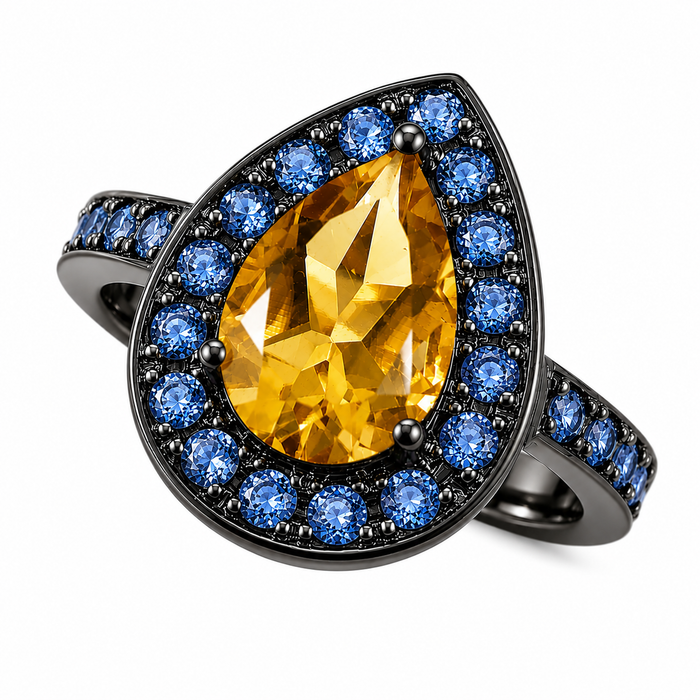 Citrine pear and emerald halo rose gold alternative engagement ring - Customise size, halo gemstones and gold colour