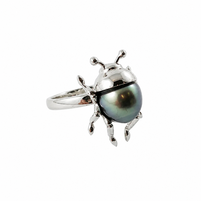Beetle bug insect Tahitian pearl 14k white gold ring