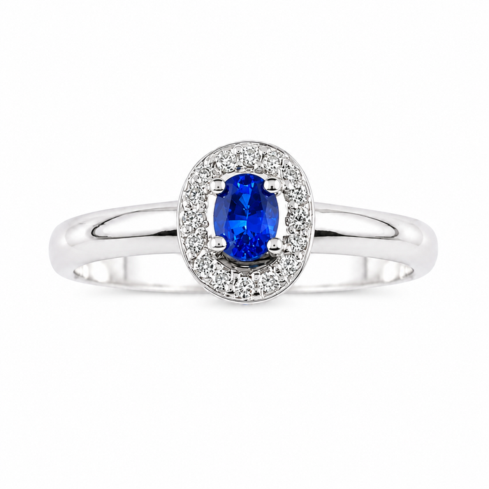 Ceylon sapphire oval and white diamond halo 14k white gold ring