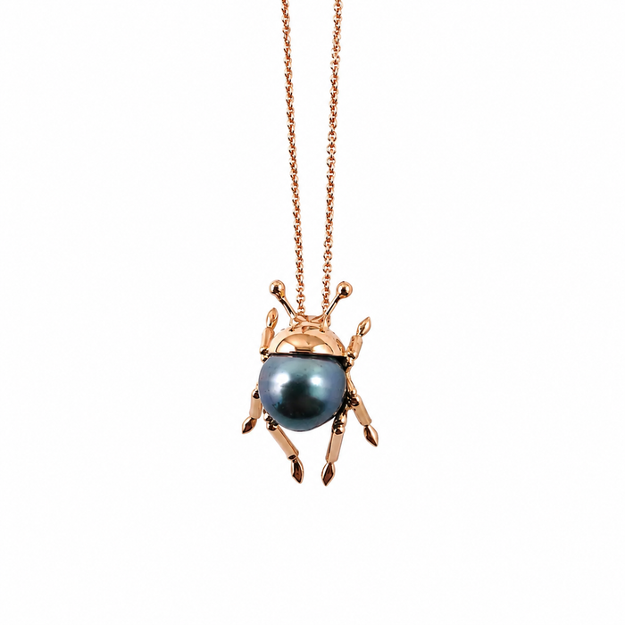 Beetle insect Tahitian pearl, 14k rose gold pendant necklace