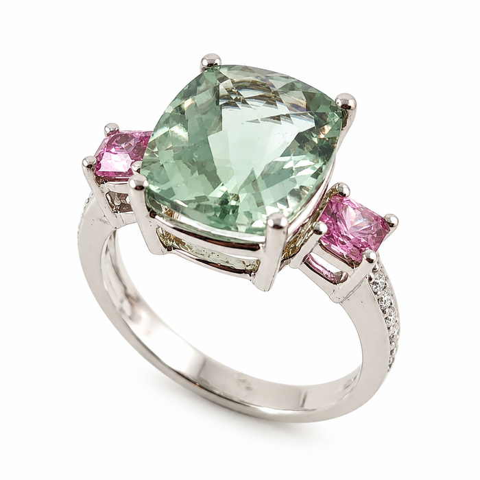 Green amethyst pink sapphire multi stone diamond 14k white gold ring